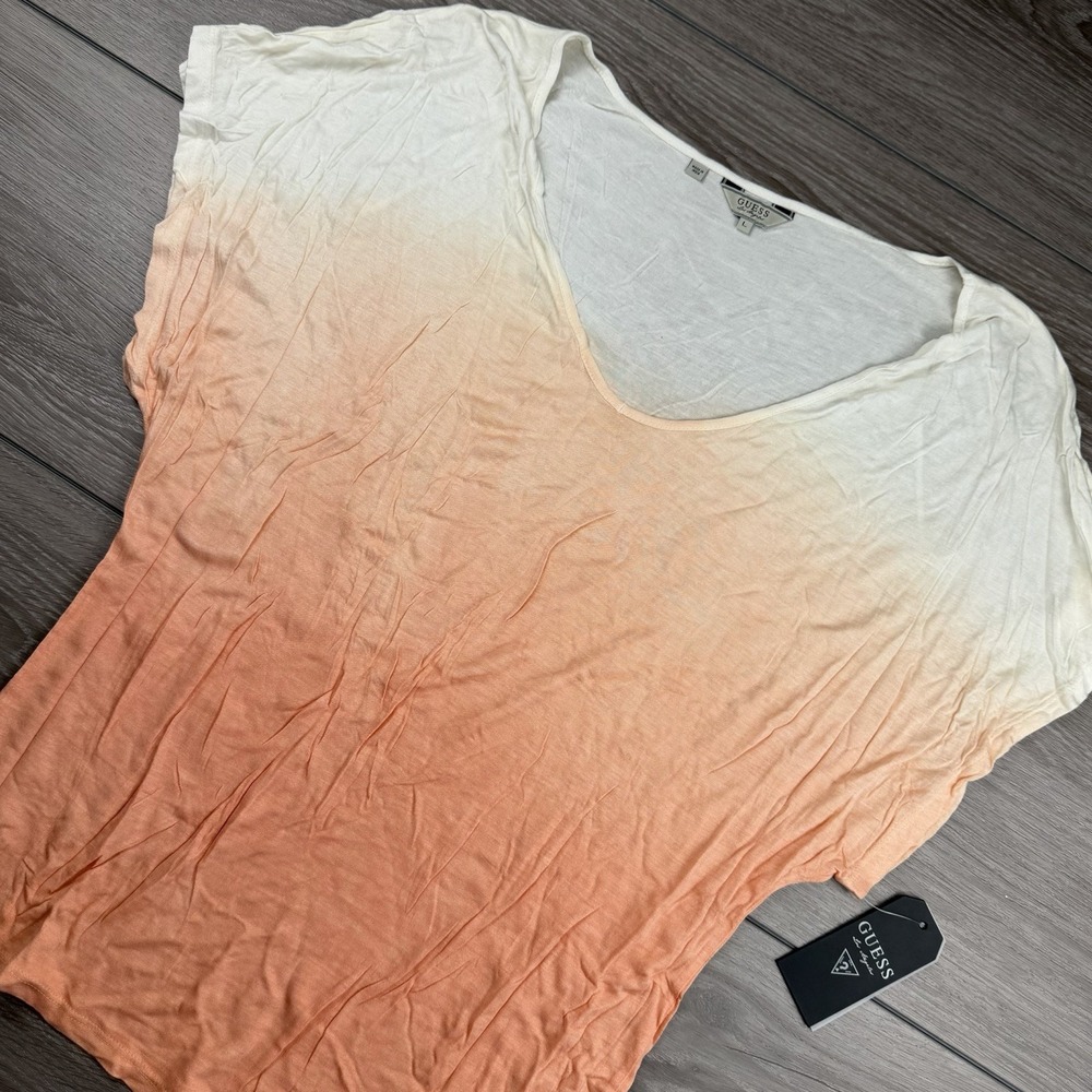 Guess Women's V Neck Dip Dye Ombré T Shirt Orange White Large New